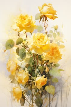 yellow roses are in a vase with green leaves