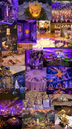 a collage of photos with purple lighting and decorations