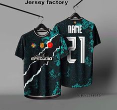 jersey factory name and number printed on the back of a black shirt with blue paint splatters