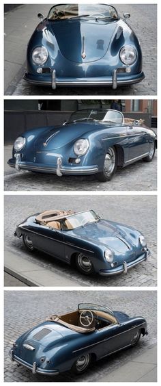 three different views of an old blue sports car