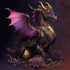 a purple and gold dragon statue sitting on top of flowers