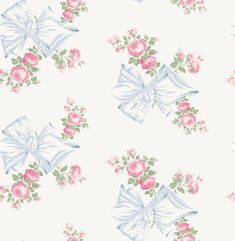 a white wallpaper with pink flowers and bows