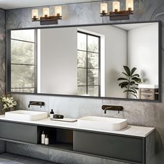 a bathroom with two sinks and a large mirror over it's counter top area