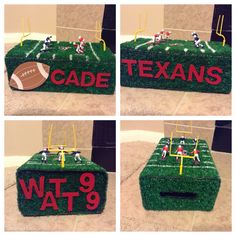 four photos of football themed cake made to look like it is part of a game