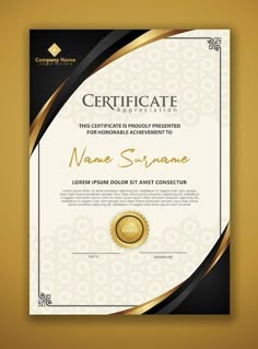 a certificate with gold trimmings and a black ribbon around it on a yellow background