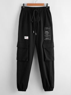 Drawstring Waist Pocket Patched Slogan Graphic Trousers Black    Fabric Slogan Jogger Slight Stretch  Women Clothing, size features are:Bust: ,Length: ,Sleeve Length: Graphic Pants, Women Sweatpants, Graphic Pant, Women Bottoms, Plus Swimwear, Matching Swimwear, Estilo Hip Hop, Hot Jeans, Striped Jeans