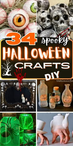 halloween crafts and decorations with text overlay that reads 34 spooky halloween crafts diy