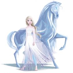 a drawing of a girl in a white dress standing next to a blue unicorn horse