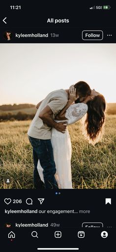 a man and woman kissing in a field with the caption's above them