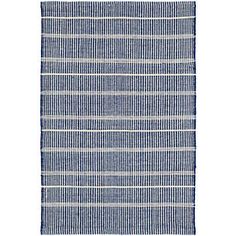 a blue and white rug with lines on it, in front of a white background