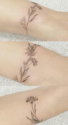 two tattoos with flowers on their legs