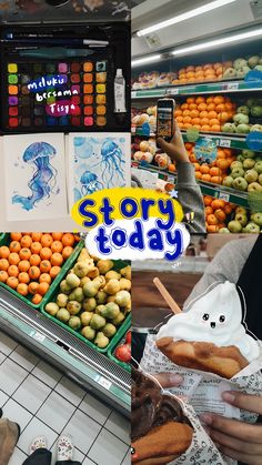 a person holding up a cell phone in front of a store display filled with fruit