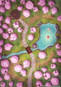 an aerial view of a pond surrounded by pink flowers