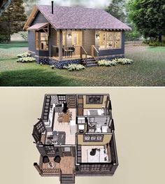 two pictures side by side one with a small house and the other with a loft