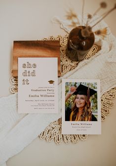 graduation announcement card with photo and tassel on lace doily next to coffee pot