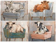 four paintings of cows sitting on couches in different styles and colors, each with a cow's head resting on the armrest