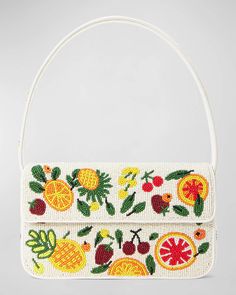 Staud floral-print fabric shoulder bag with leather trim. Shoulder strap. Flap top with dual snap closure. 5.5"H x 10.2"W x 2"D. Imported. Staud Tommy Bag, Beaded Shoulder Bag, Spring Handbags, Free Spirit Style, Beaded Bag, One Clothing, Fruit Pattern, Bag Light, Beaded Bags