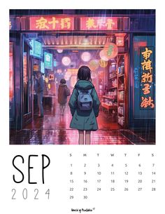 a calendar with an image of a woman walking down the street in front of a store