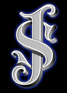 the letter s is made up of silver and blue swirls on a black background