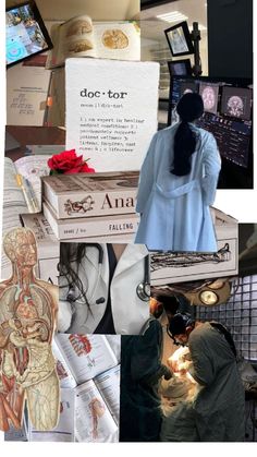 a collage of photos with some people working on books and pictures in the background