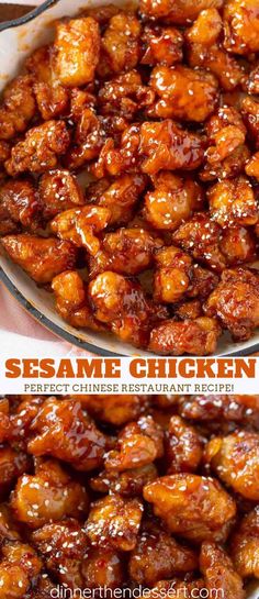 sesame chicken in a white dish with the words sesame chicken on top and below it