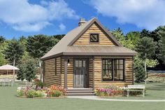 a small wooden house with a porch and patio