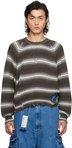 Rib knit cotton- and viscose-blend sweater. Stripes, distressing, and frayed edges throughout. · Crewneck · Cutout at side seam · Raglan sleeves Supplier color: Stone grey Textured Sweater, Stone Grey, Color Stone, Knitwear Men, Grey Stone, Striped Sweater, Knit Cotton, Grey Stripes, Stripe Sweater