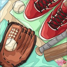 a baseball glove, bat and ball laying on the ground