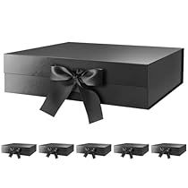 a black box with a bow and six other boxes around it