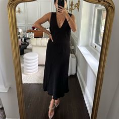 Never Worn, Only Tried On To Take This Pic. Super Classy Silhouette, Great For Layering, You Can Wear It With A Turtleneck Under For Office Or Belted To Show Your Waist Size Us 4 Purchased At A Sample Sale But Was Still Over $400 Black Midi V-neck Dress For Daywear, Chic Black V-neck Dress For Daywear, Turtleneck Under, Orange Sherbert, Midi Shift Dress, Midi Slip Dress, Panel Dress, V Neck Midi Dress, Apron Dress