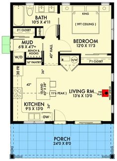 the floor plan for a small house with two bedroom and an attached kitchen area, along with