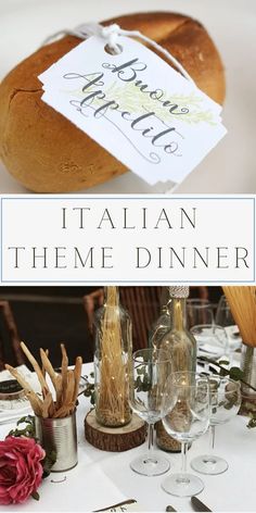 an italian theme dinner table setting with bread and wine glasses on the table for guests to enjoy