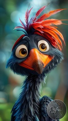 a cartoon bird with bright red hair and big eyes is standing in front of the camera