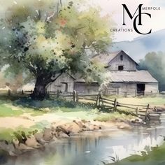 a watercolor painting of an old barn by the river with a tree and fence