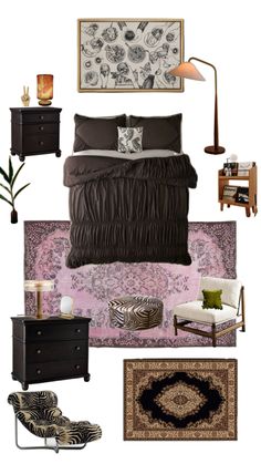 a collage of furniture and decor items including a bed, chair, rugs, table