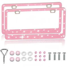 pink license plate frame with screws and studs