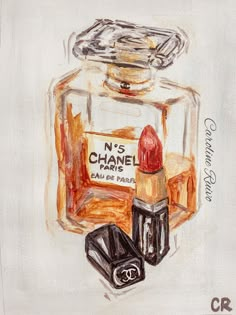 a drawing of a chanel bottle with lipstick in it and two small bottles next to it