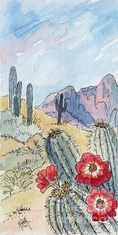 watercolor painting of cactus and flowers in the desert