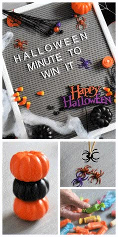 a collage of halloween decorations including pumpkins, candy and spider web on the table