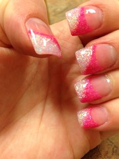 Pink glitter acrylic nails Hot Pink Nails With Design, Marble Acrylics, Pink Nails With Design, Nails Sparkly, Glitter French Nails, Gel Nails Long, Pink Tip Nails, Nails With Design