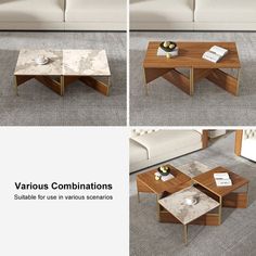 various coffee tables and end tables on carpeted flooring in three different positions with text overlay that reads various combinations suitable for use in various settings