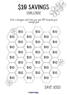 the $ 10 savings challenge is shown in black and white, with flowers on it