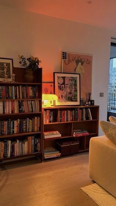 a living room filled with furniture and a book shelf next to a sliding glass door