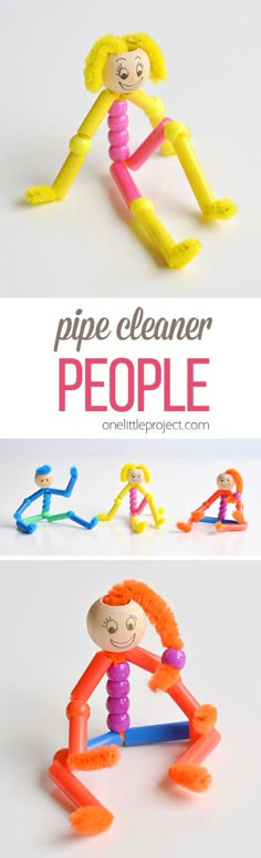 three different colored plastic toys with the words pipe cleaner people written on them in white