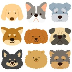 a set of dogs'heads in different colors and sizes, including brown, white, blue, green, gray