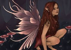 a fairy sitting on the ground with her wings spread out and looking at something in the distance