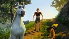 an animated horse standing next to a cat on a dirt road