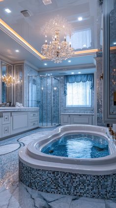 a bathroom with a large jacuzzi tub and chandelier