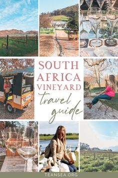 a woman sitting at a picnic table with wine glasses in front of her and the words south africa vineyard travel guide