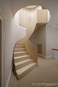 a spiral staircase with wooden steps in a house